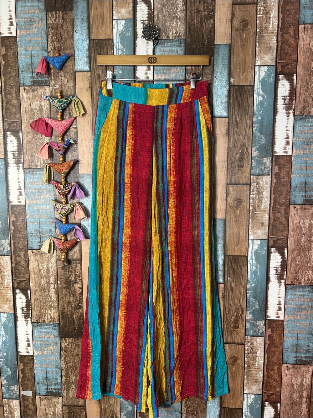 Vibrant Multicolor Striped Wide-Leg Skirt - Red, Teal & Gold